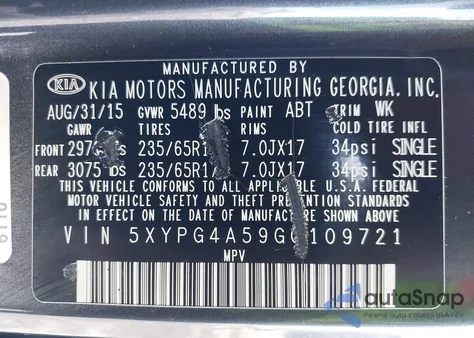 2016 Kia Sorento 3.3L Lx z USA, uszkodzony, nr VIN 5XYPG4A59GG109721